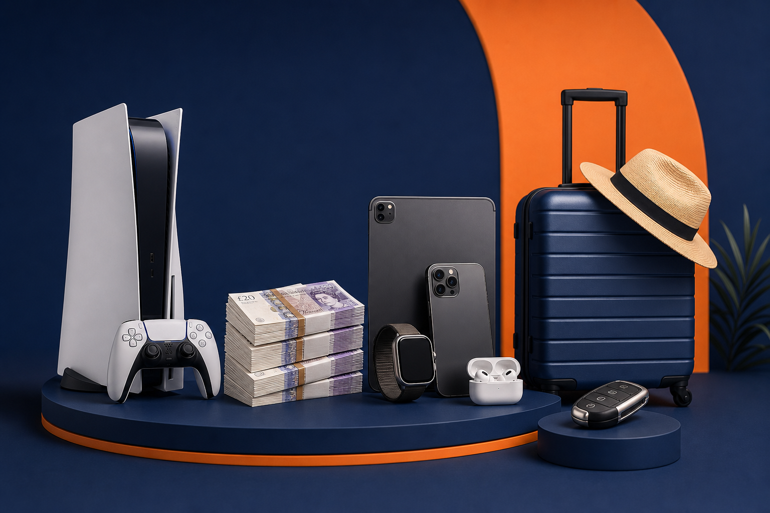 Prize showcase with a games console, UK cash, tech bundle, holiday suitcase and car key.
